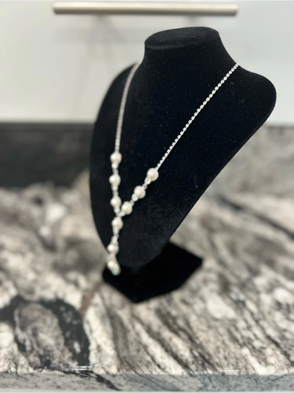 Pearl and Crystal Y-Drop Necklace - Silver Tone Sensitive Skin